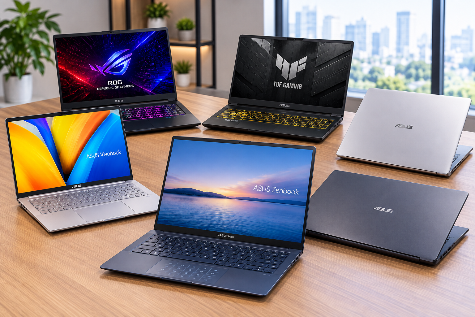 Deretan laptop ASUS di atas meja kerja modern